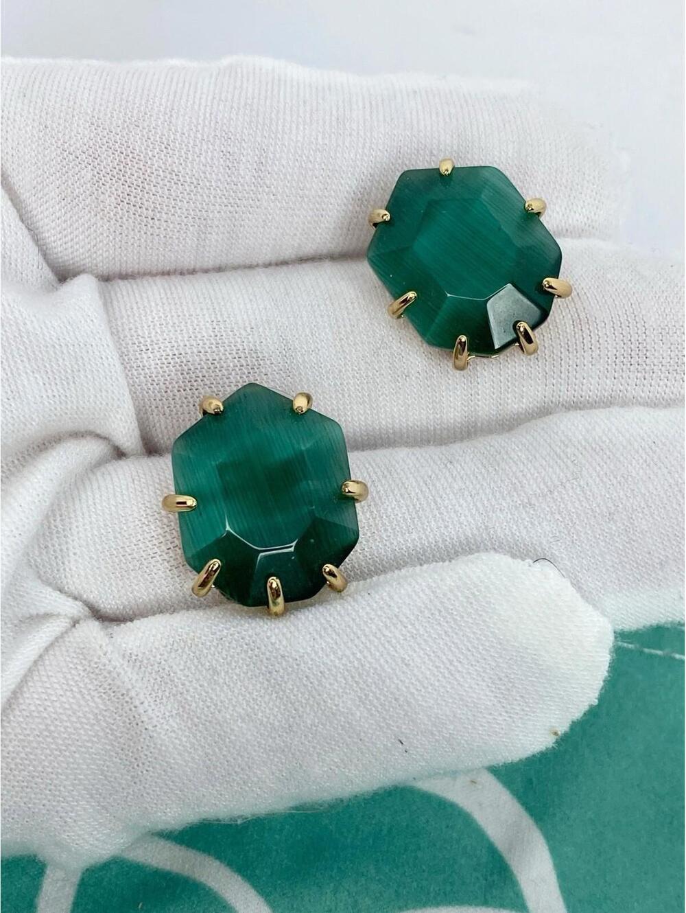 Kendra Scott Morgan Stud Earrings Emerald Green Cat Eye with Gold Frames Retired